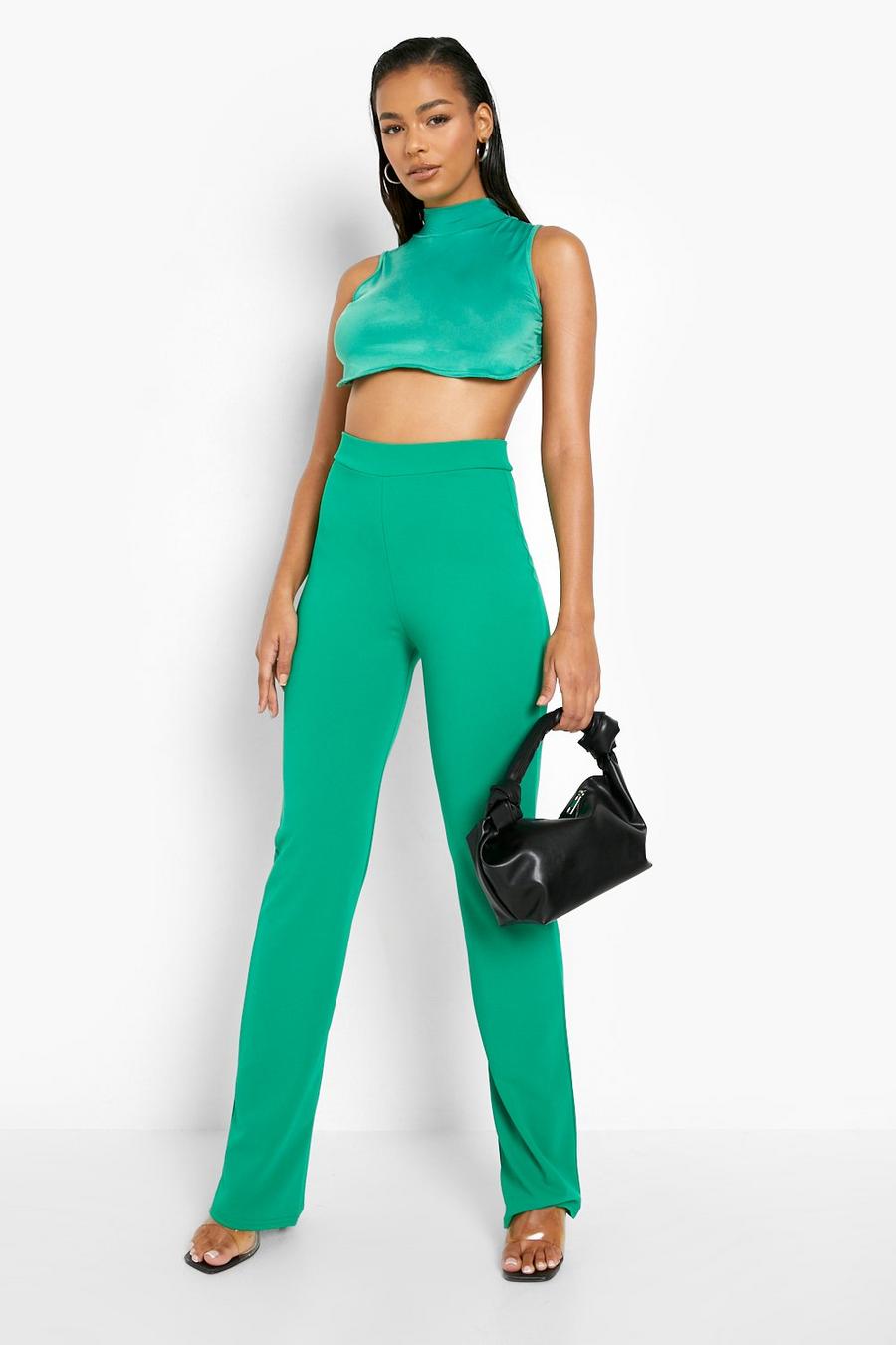 Green Straight Leg High Waisted Crepe Pants image number 1