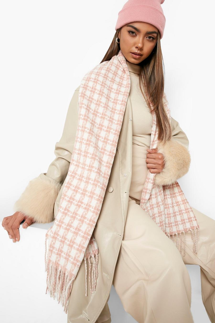 Chunky Beige Check Knitted Tassel Scarf image number 1