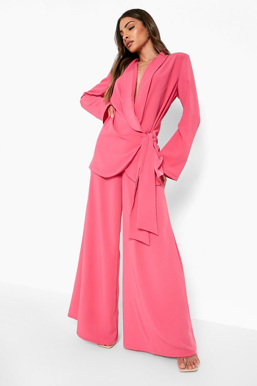Hot pink Matte Satin Drape Wrap Front Blazer image number 1