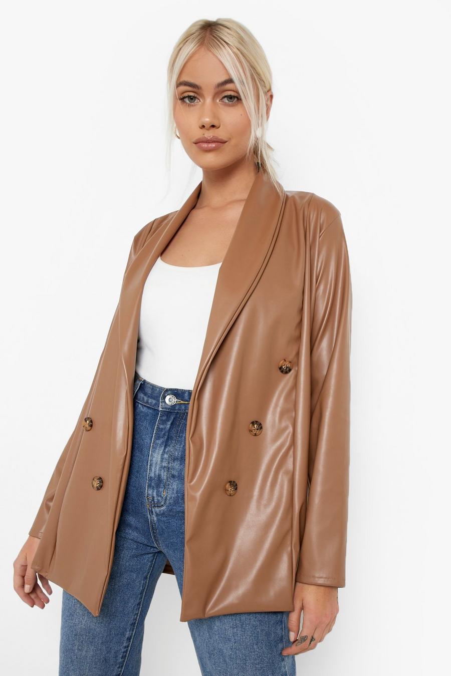 Caramel Leather Look Double Breasted Blazer image number 1