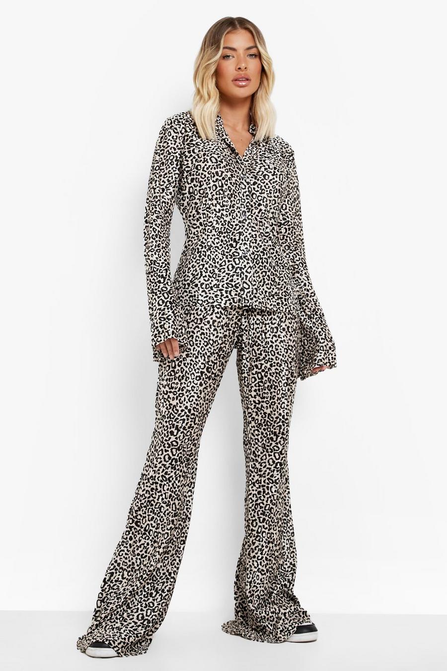 Sand Leopard Plisse Flared Trousers image number 1