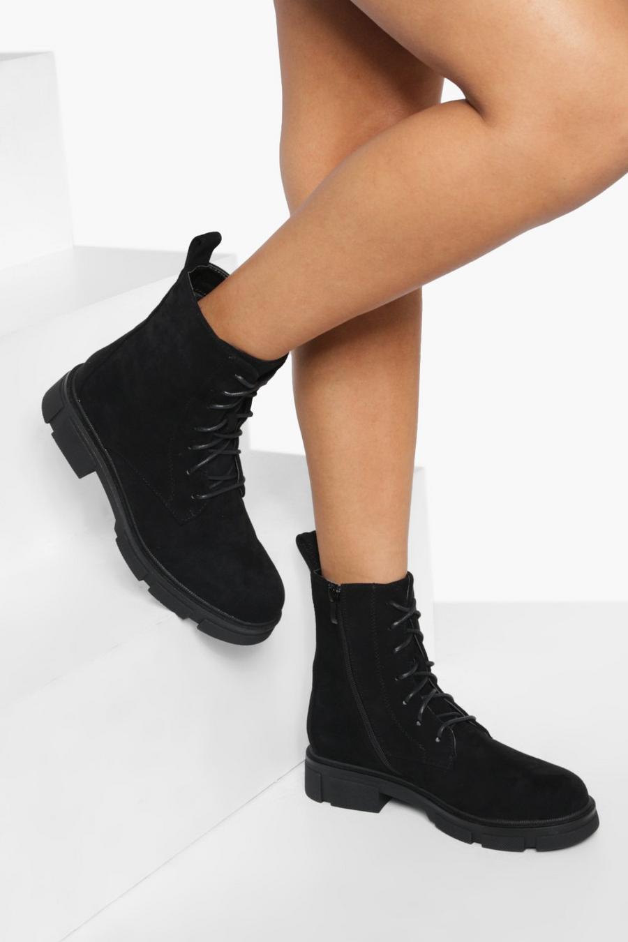 Black Cleated Faux Suede Lace Up Hiker Boots image number 1