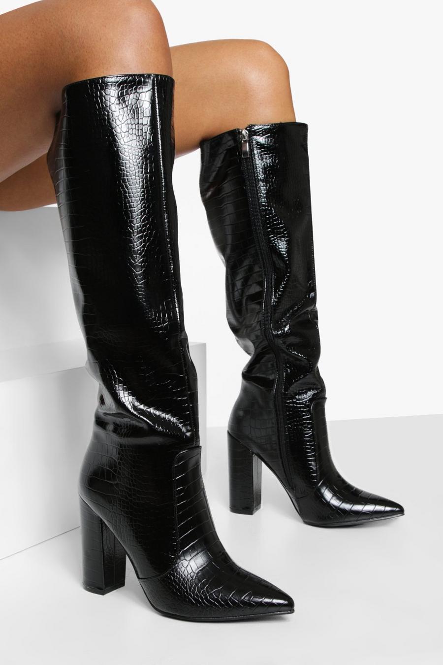 Black Pointed Toe Croc Knee High Boots image number 1