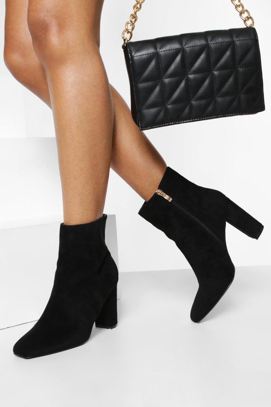 Black negro Square Toe Block Heel Boots