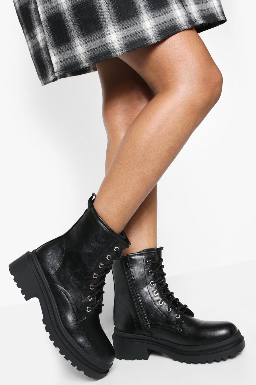 Black Chunky Lace Up Combat Boots image number 1