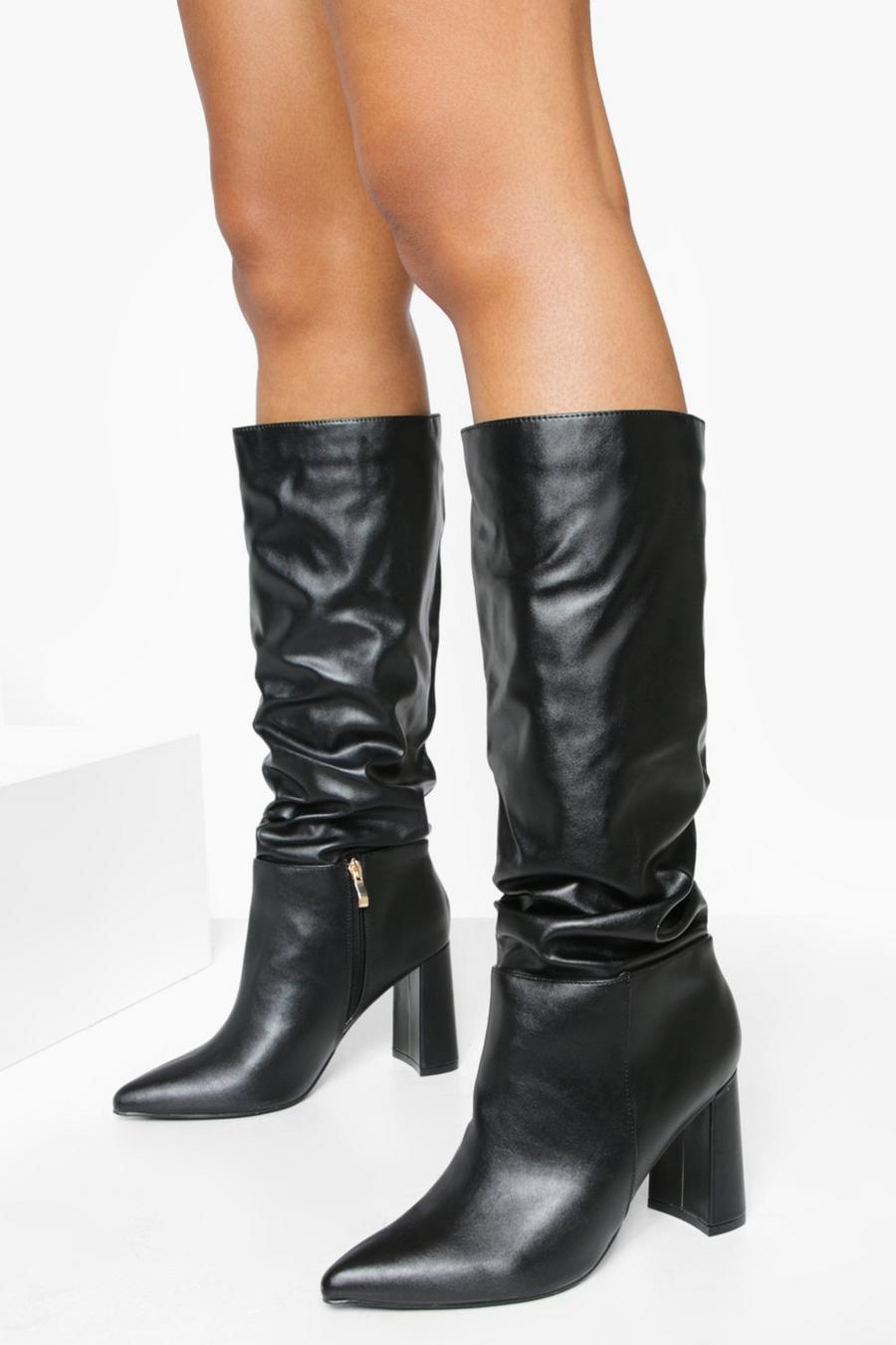 Black Pointed Ruched Knee High Boots