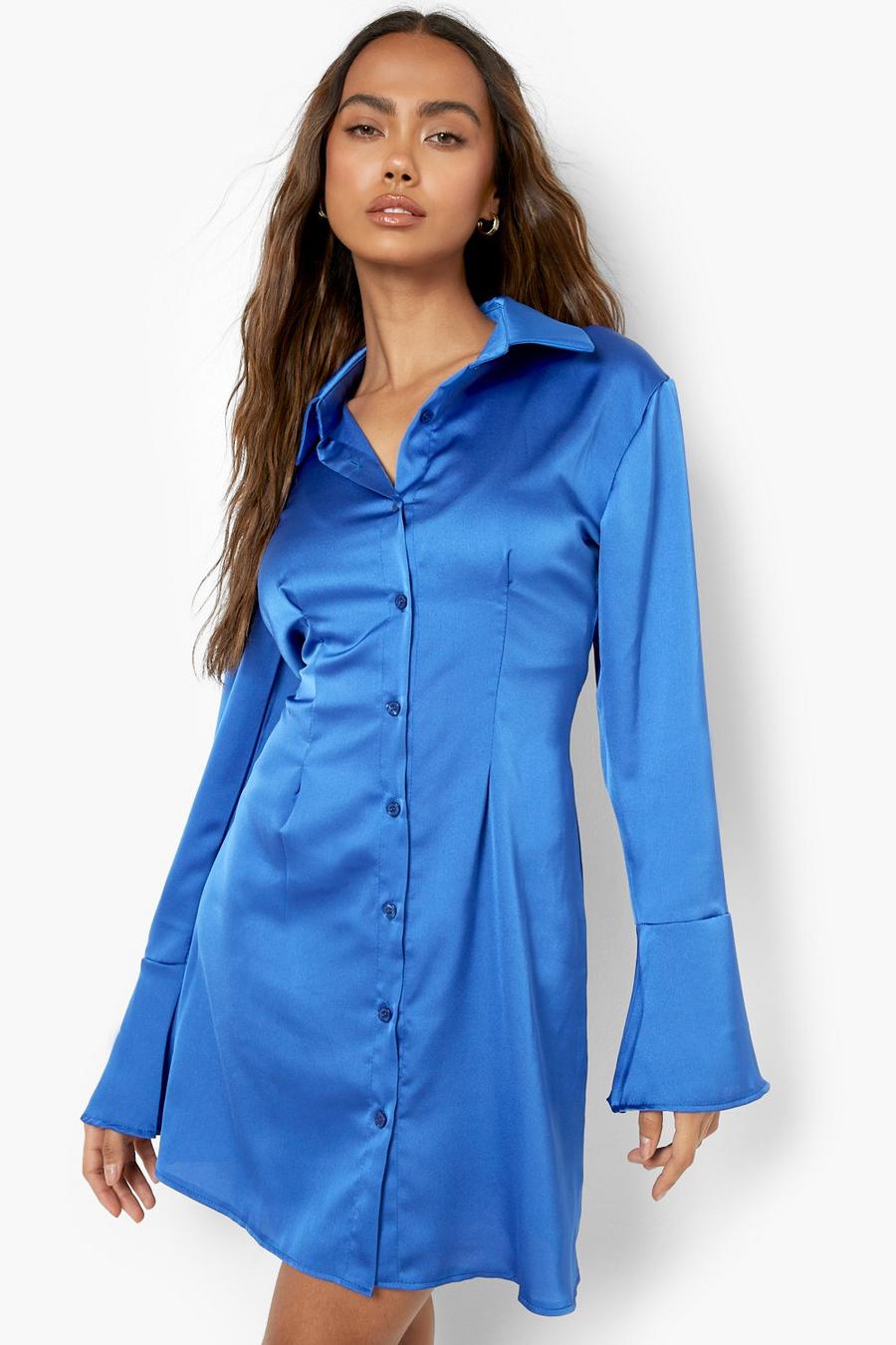 Cobalt Satin Flared Cuff Shirt Dress image number 1