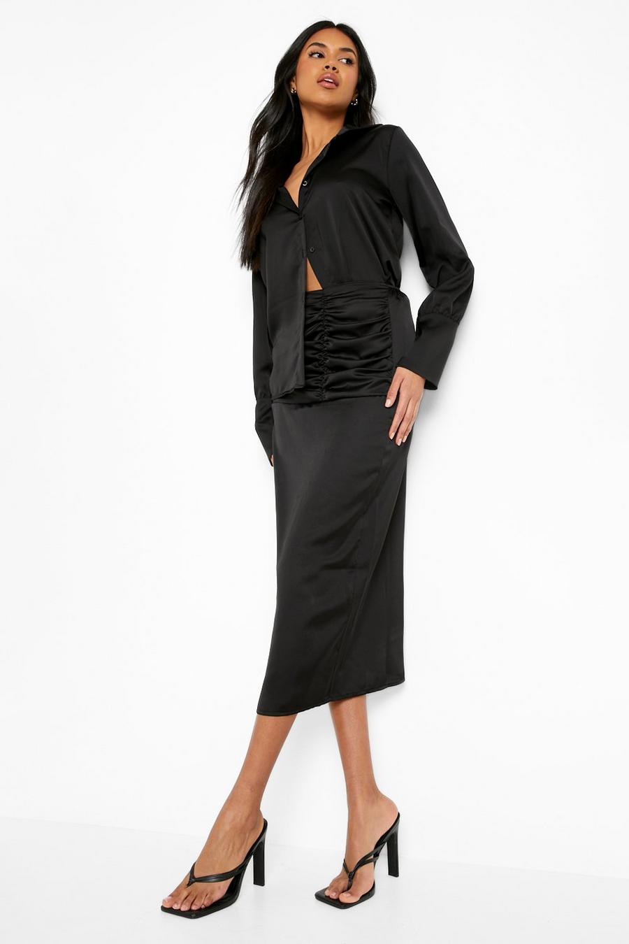 Black Satin Ruched Front Midi Skirt image number 1