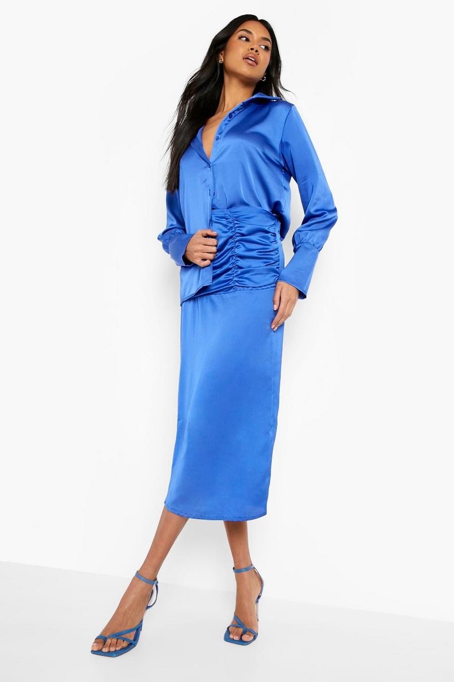 Cobalt blue Satin Ruched Front Midaxi Skirt