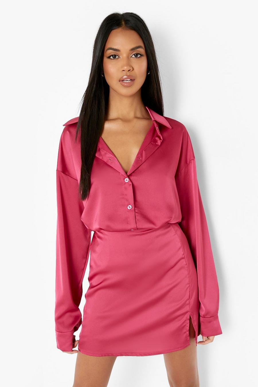 Hot pink Oversize satinskjorta image number 1