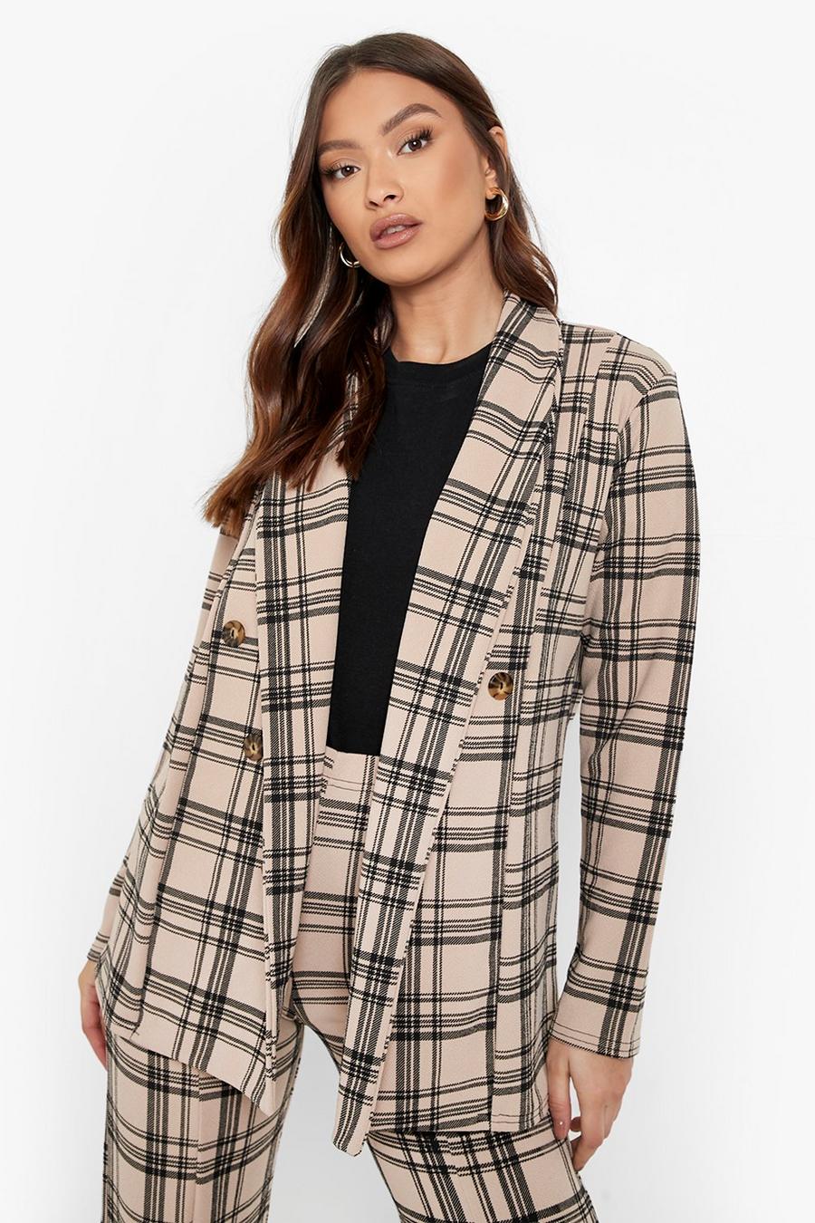 Sand Tonal Check Double Breasted Crepe Blazer image number 1
