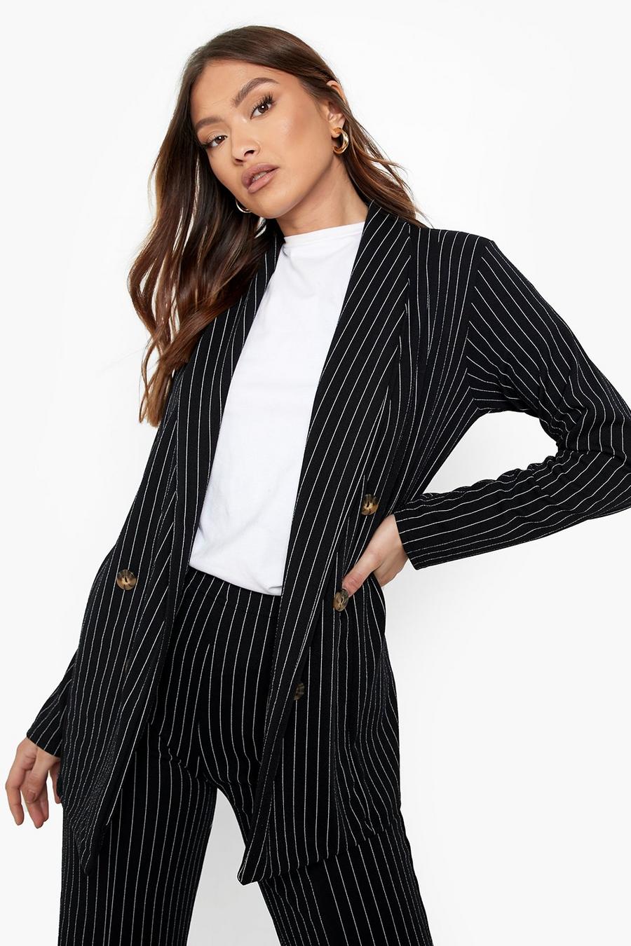 Black Mono Pinstripe Double Breasted Crepe Blazer image number 1