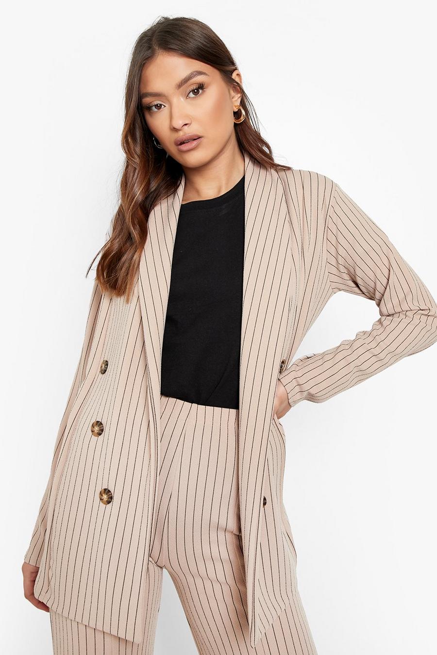 Sand beige Mono Pinstripe Double Breasted Crepe Blazer image number 1