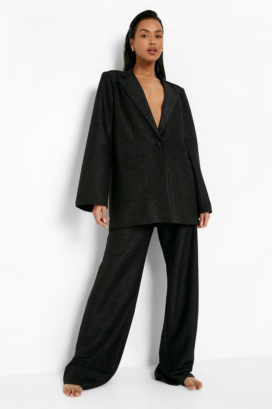 Black Bright Textured Wide Leg Trousers image number 1
