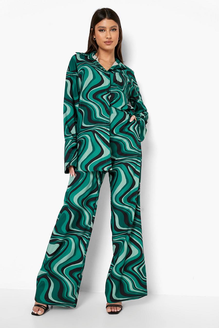 Emerald Abstract Print Matte Satin Wide Leg Pants image number 1