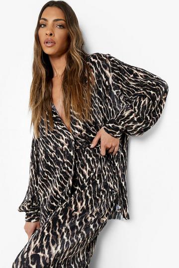 Leopard Print Plisse Relaxed Fit Shirt black