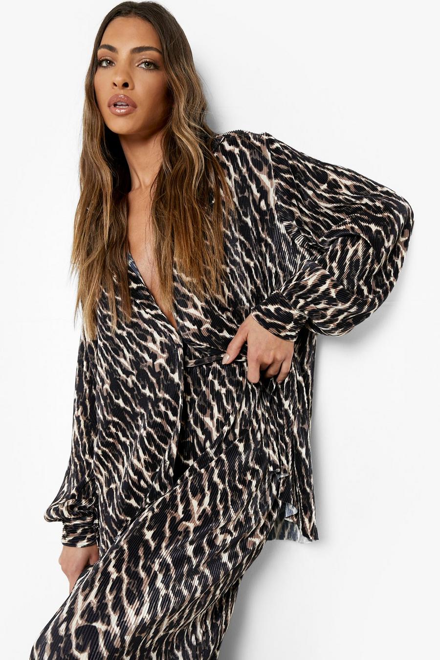 Camisa holgada plisada con estampado de leopardo, Black