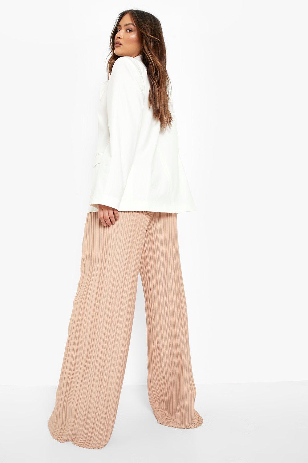 Slacks and Chinos Slacks and Chinos Boohoo Trousers Womens Trousers White Boohoo Plisse Extreme Wide Leg Drawstring Trouser in Taupe 