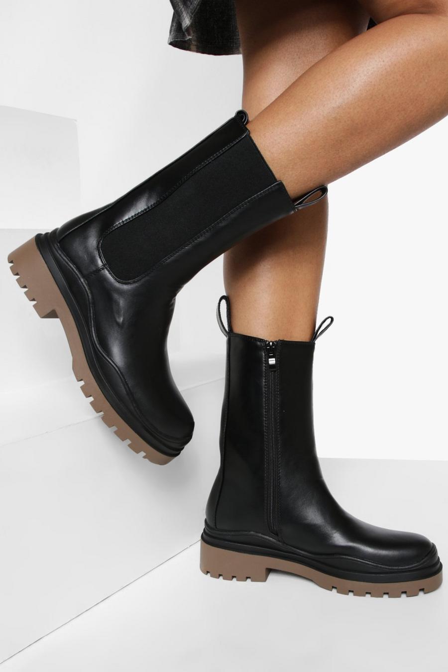Black Contrast Sole Calf Height Chelsea Boots