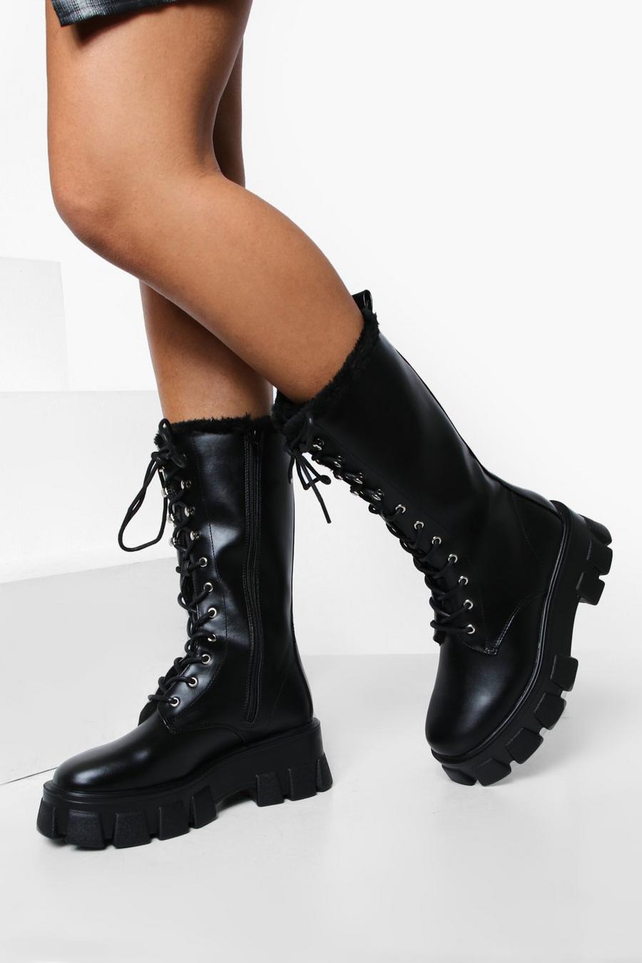 Black Chunky Sole Lace Up Calf High Boots image number 1