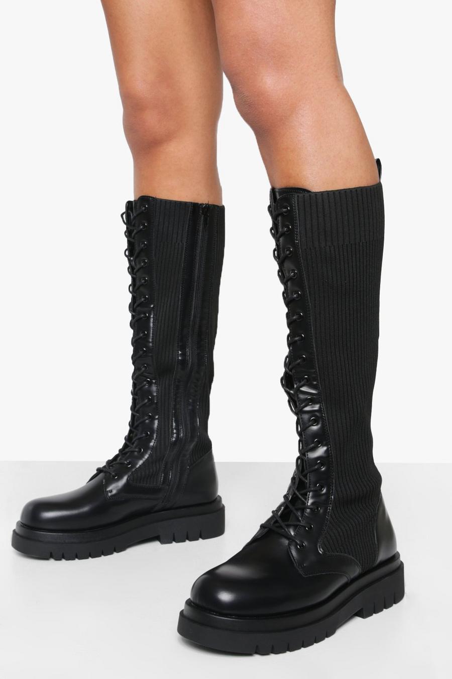 Black Lace Up Knee High Chunky Boots image number 1