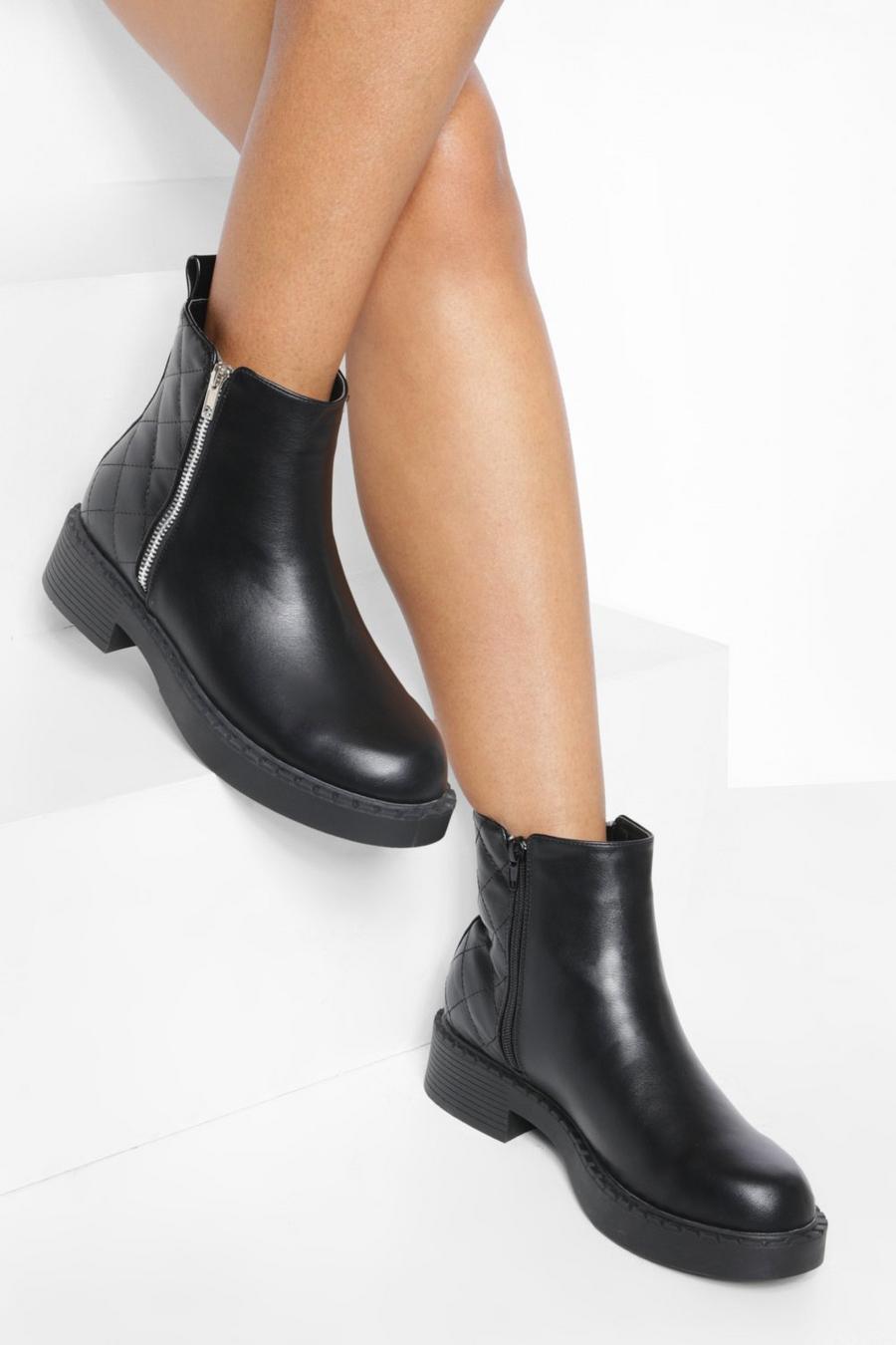 Black Wide Width Pu Quilted Zip Detail Chelsea Boots image number 1