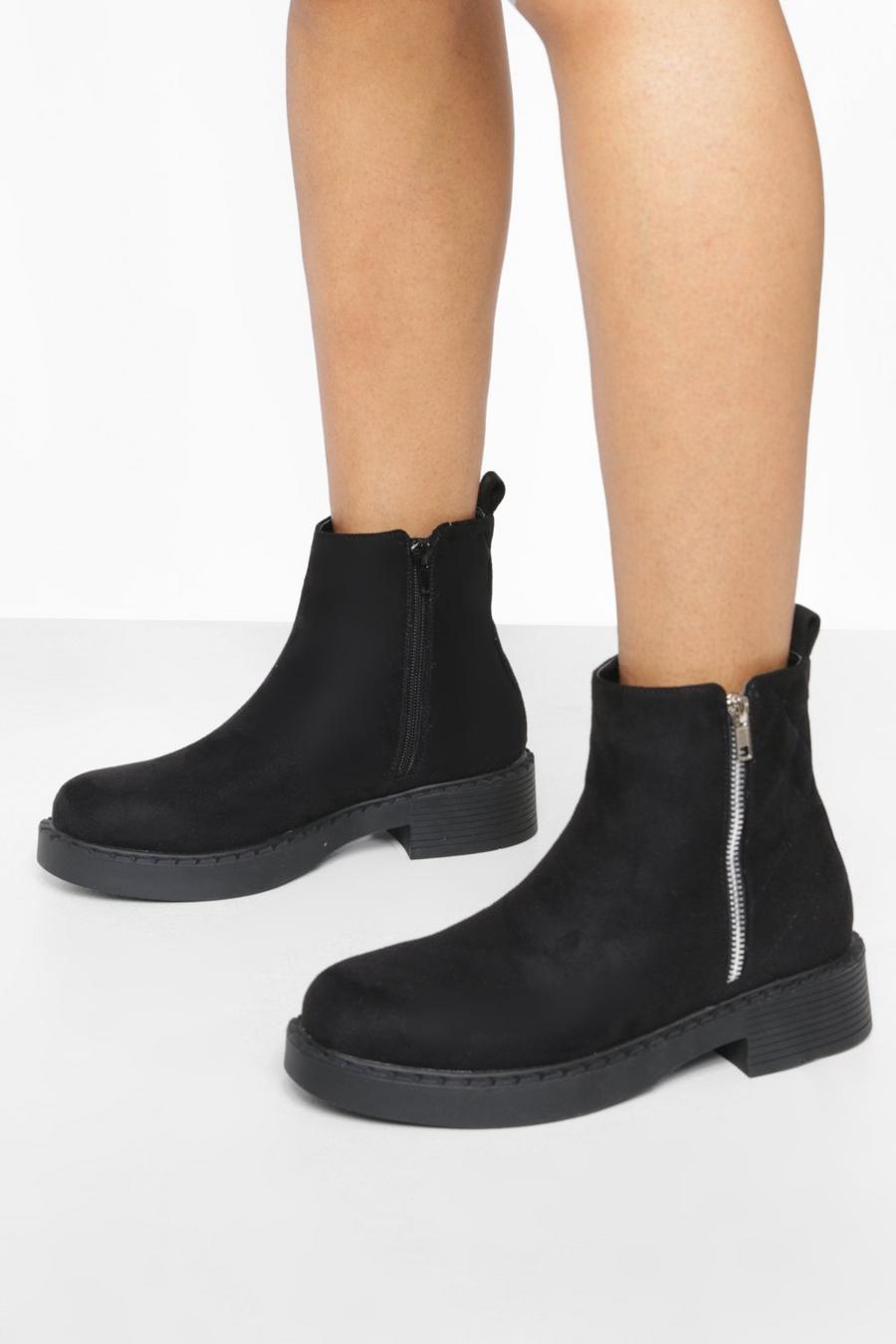 Black Wide Fit Quilted Zip Detail Chelsea Boots image number 1