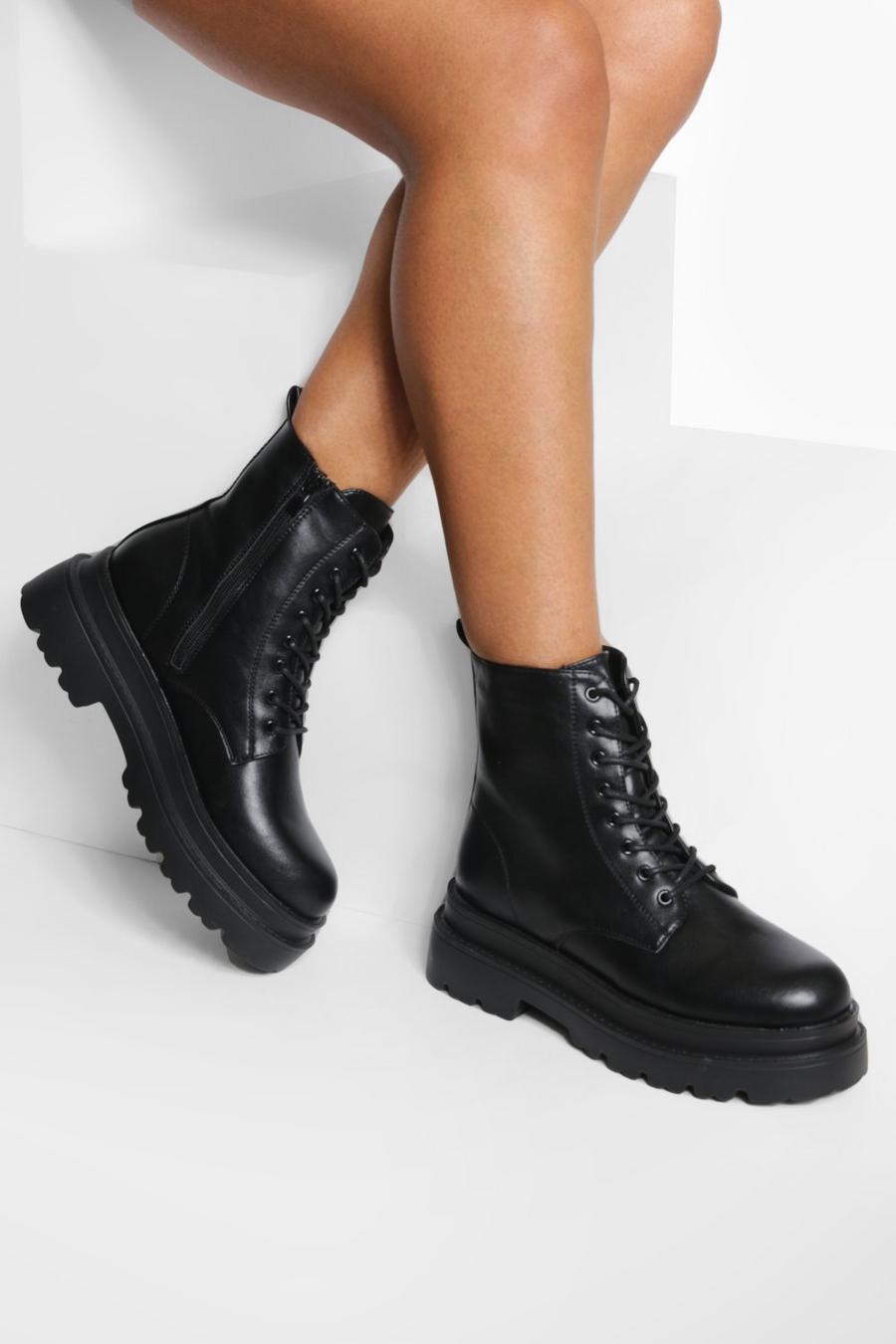 Black svart Wide Fit Chunky Hiker Boots