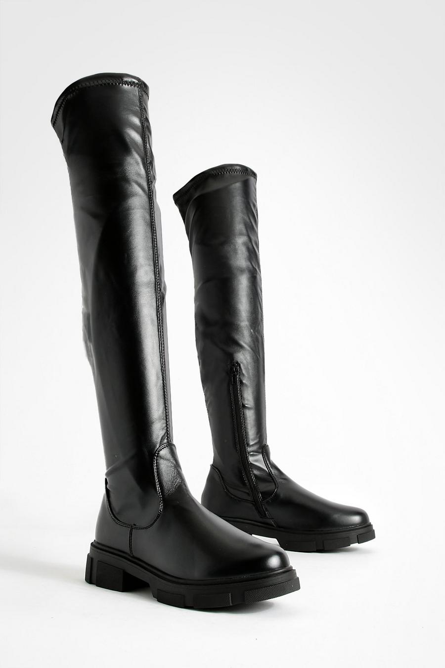 Botas de caña alta elásticas de cuero sintético, Black negro