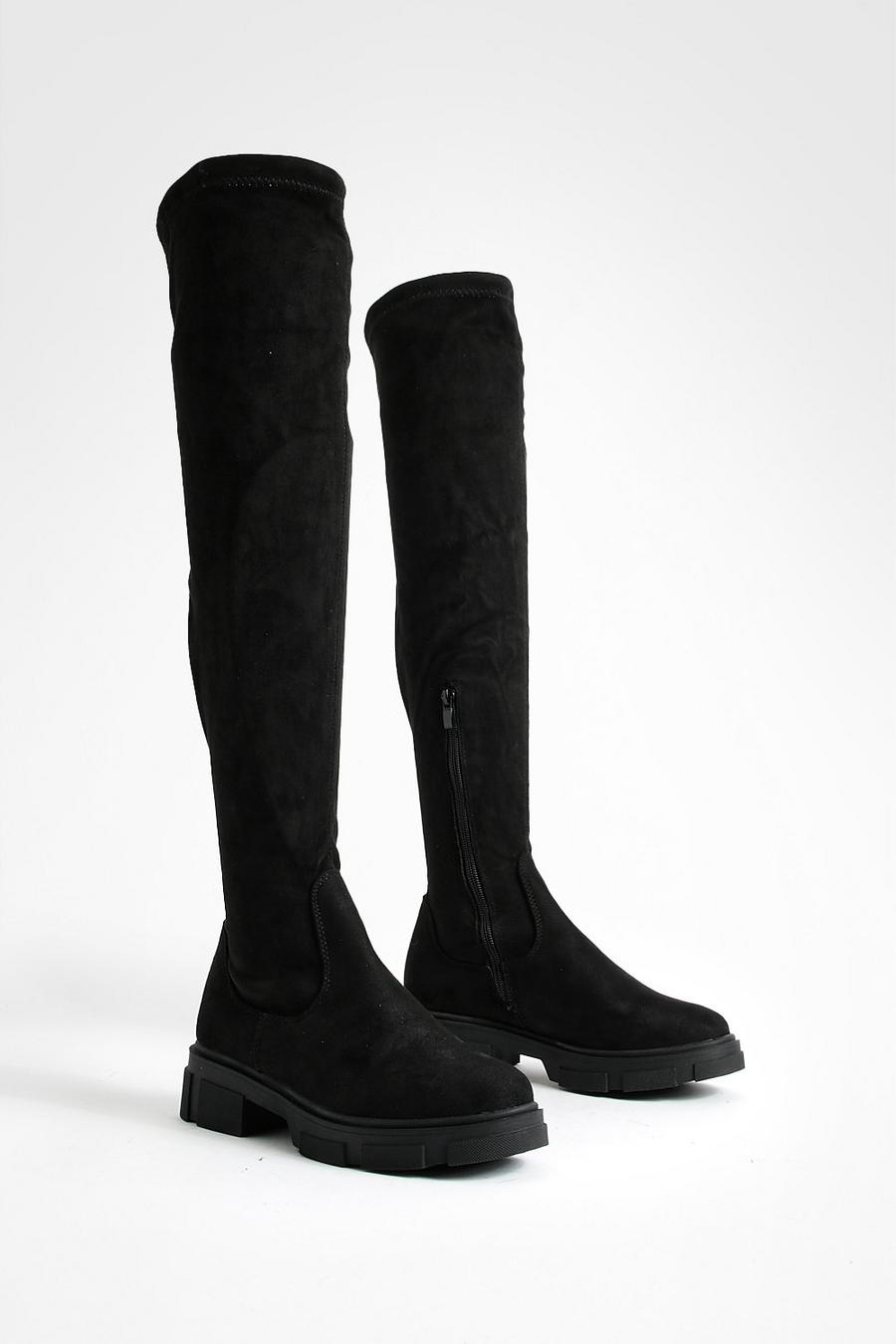Black svart Wide Fit Stretch Knee High Boots