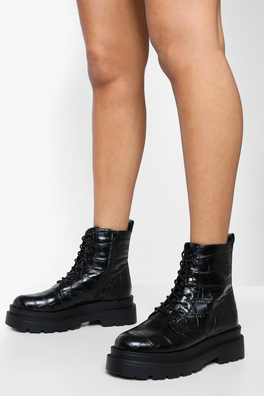Black Croc Chunky Combat Boots image number 1