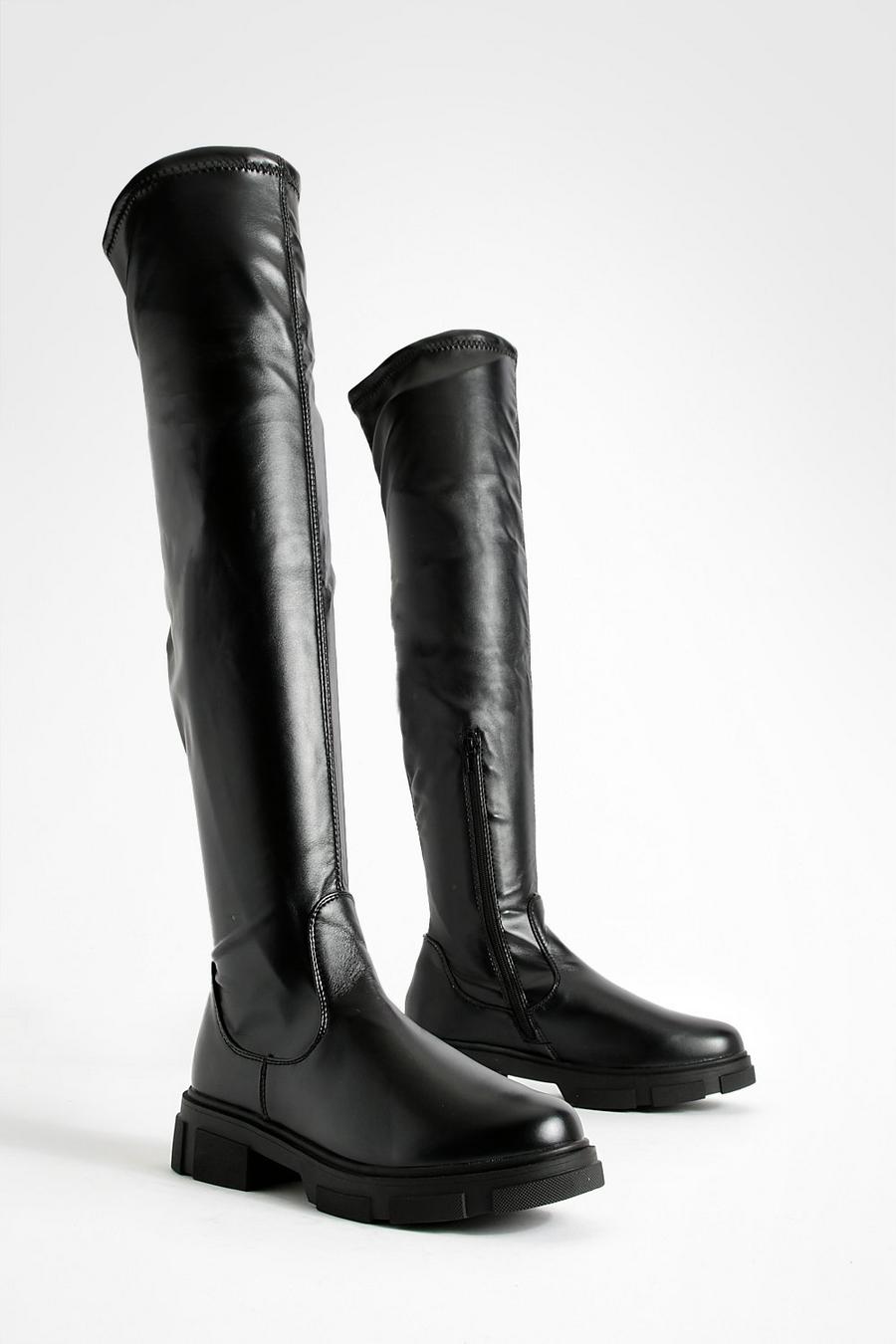 Black Wide Fit Stretch Pu Knee High Boots image number 1