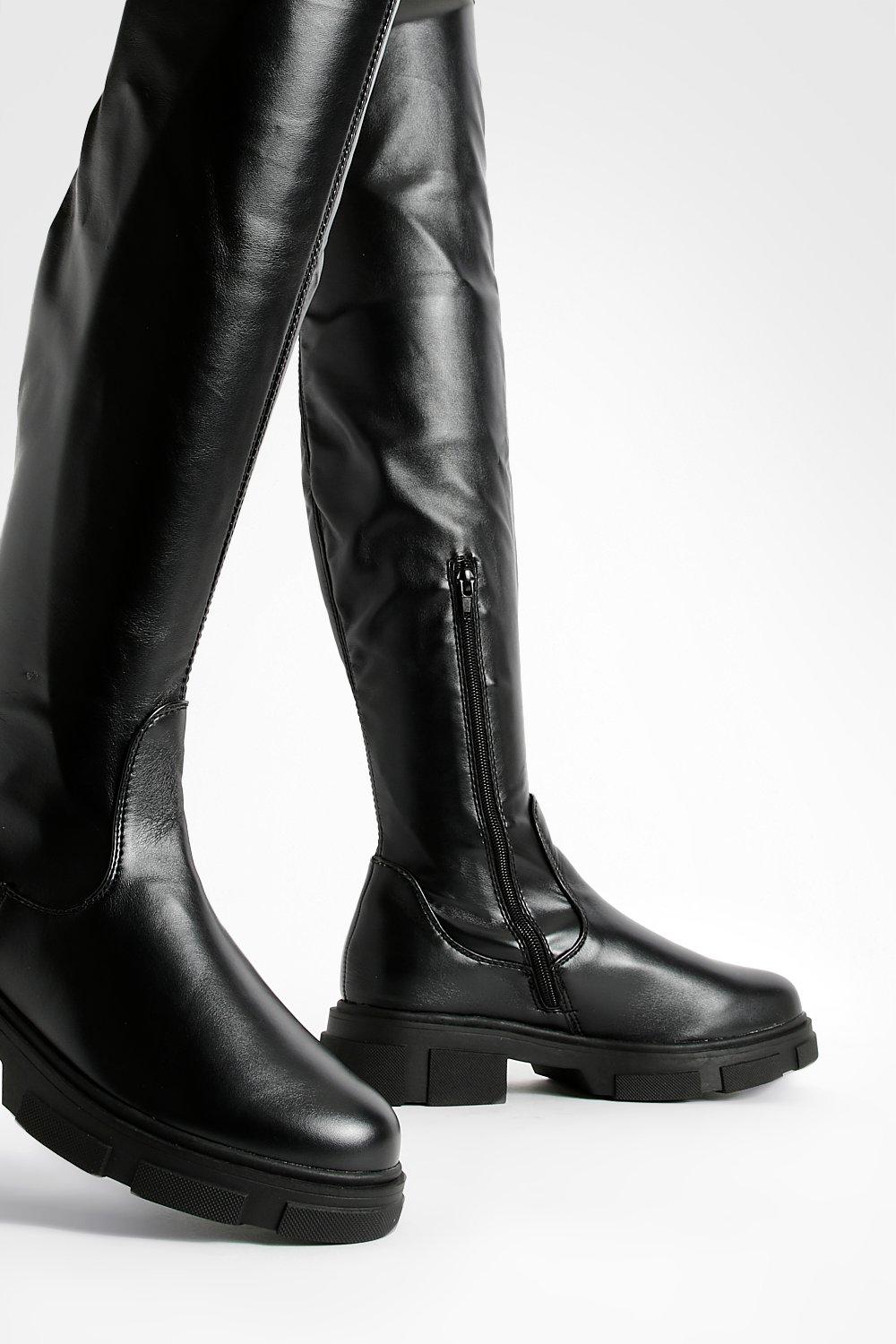 Wide Fit Stretch Pu Knee High Boots boohoo UK