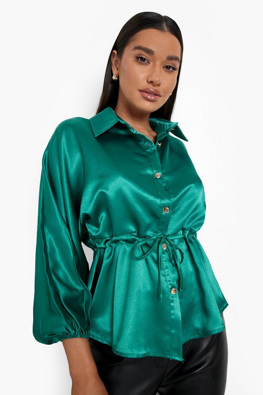 Bright green Satin Ruched Waist Blouse image number 1