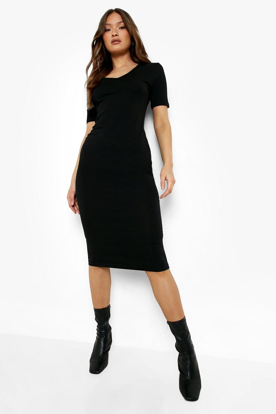 Black Basic Short Sleeve Scoop V Neck Midi Dress