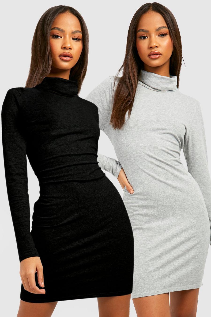 Grey 2 Pack Long Sleeve Roll Neck Mini Dress image number 1
