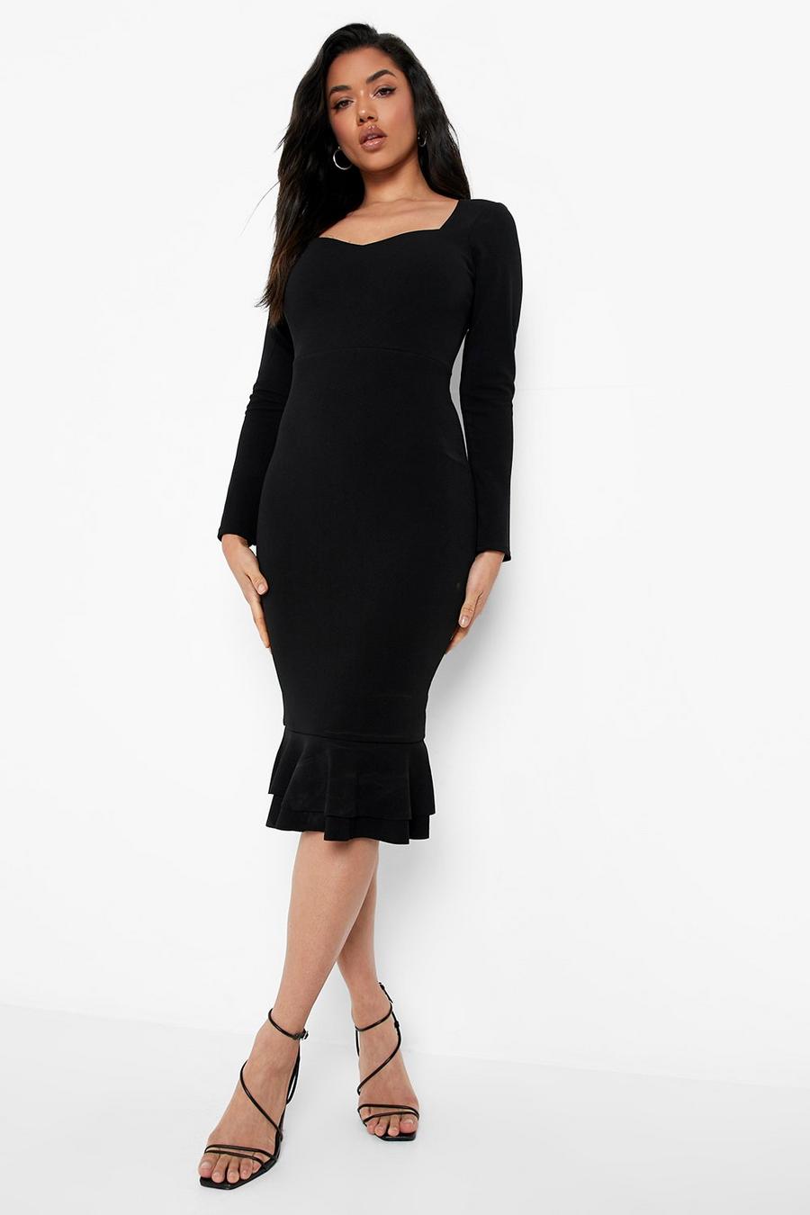 Black Long Sleeve Ruffle Hem Midi Dress image number 1