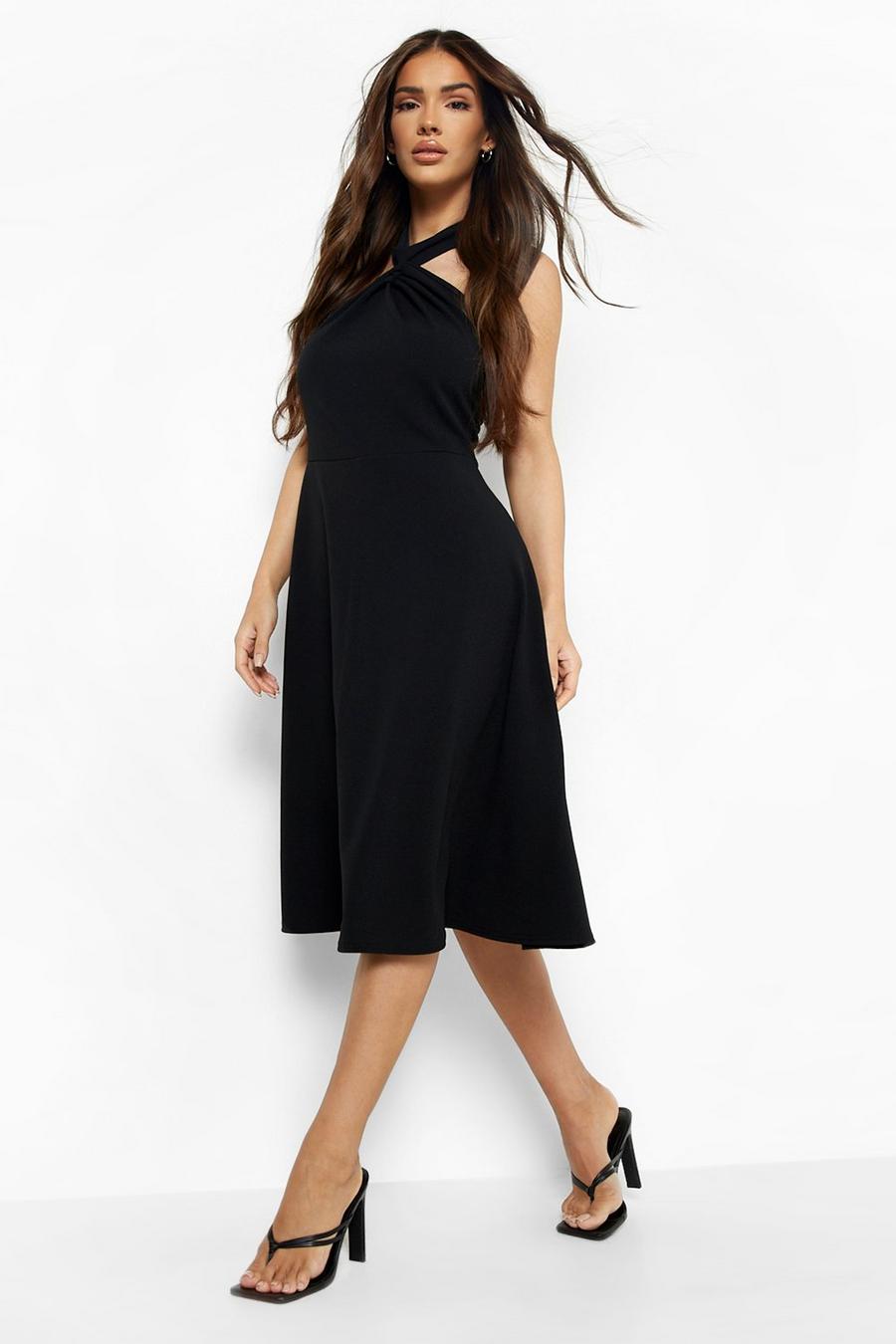 Black שמלת סקייטר מידי עם צווארון קולר מפותל image number 1