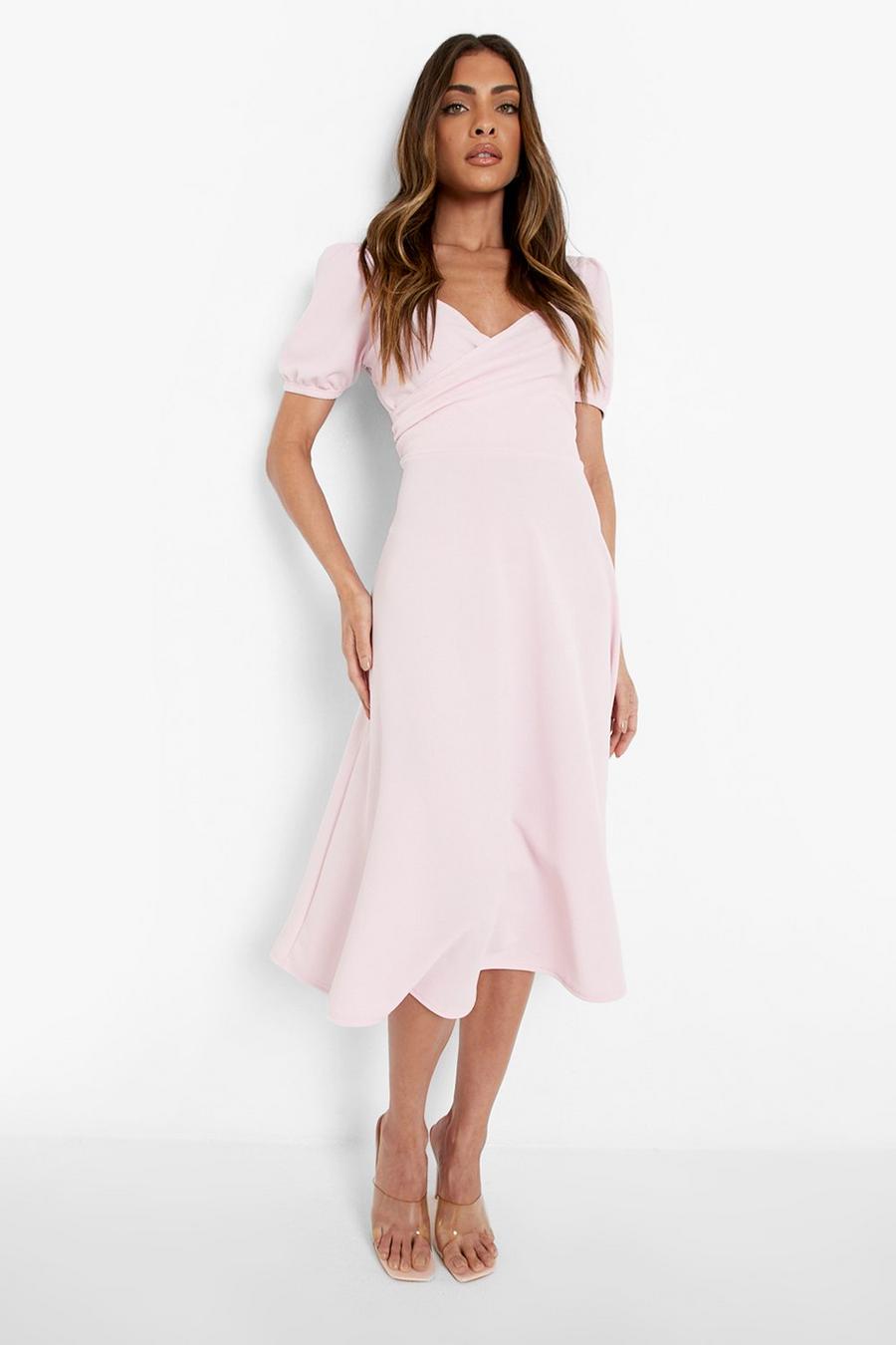 Baby pink Wrap Front Puff Sleeve Midi Skater Dress image number 1