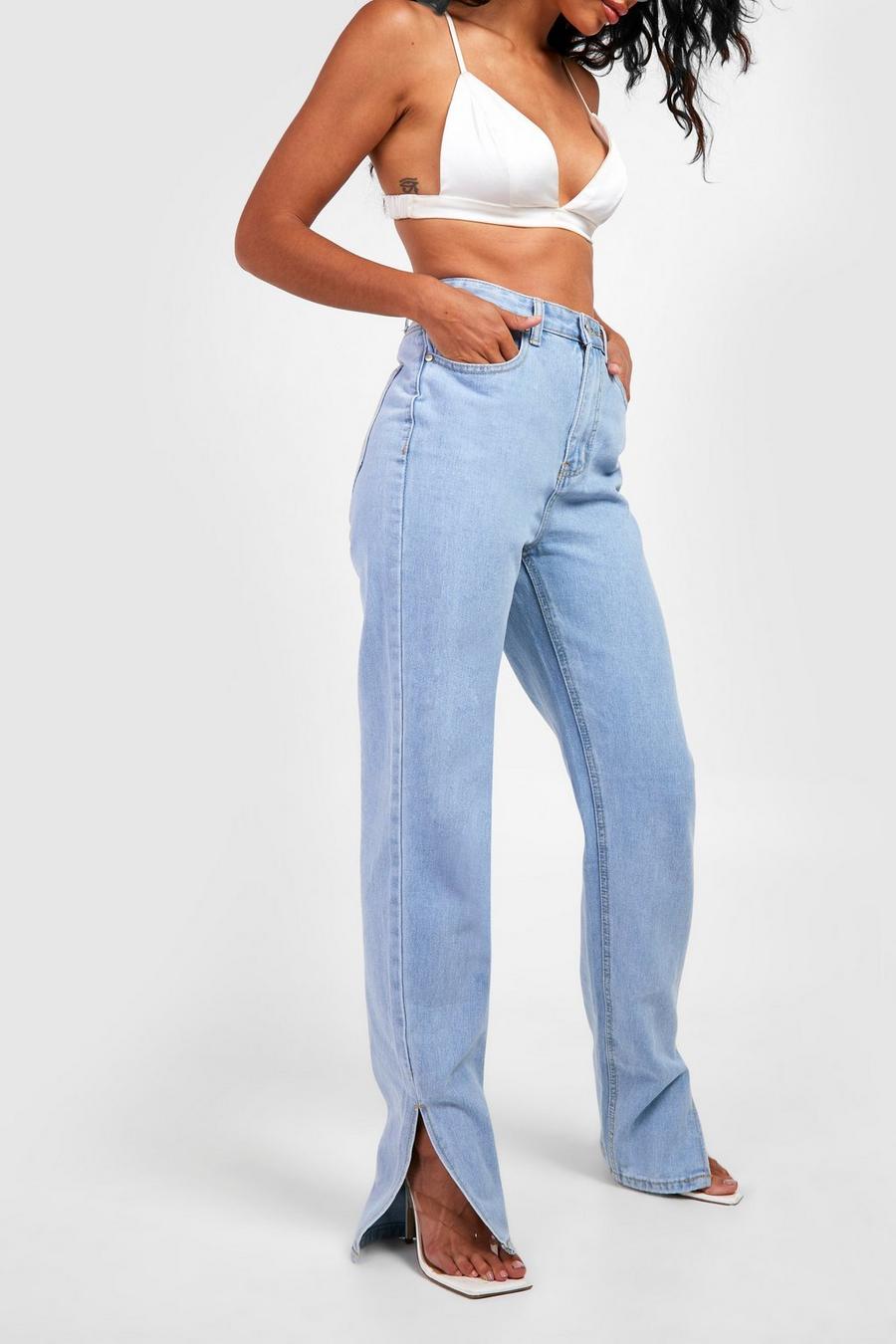 Jeans Basics a vita alta con spacco sul fondo, Light blue azul