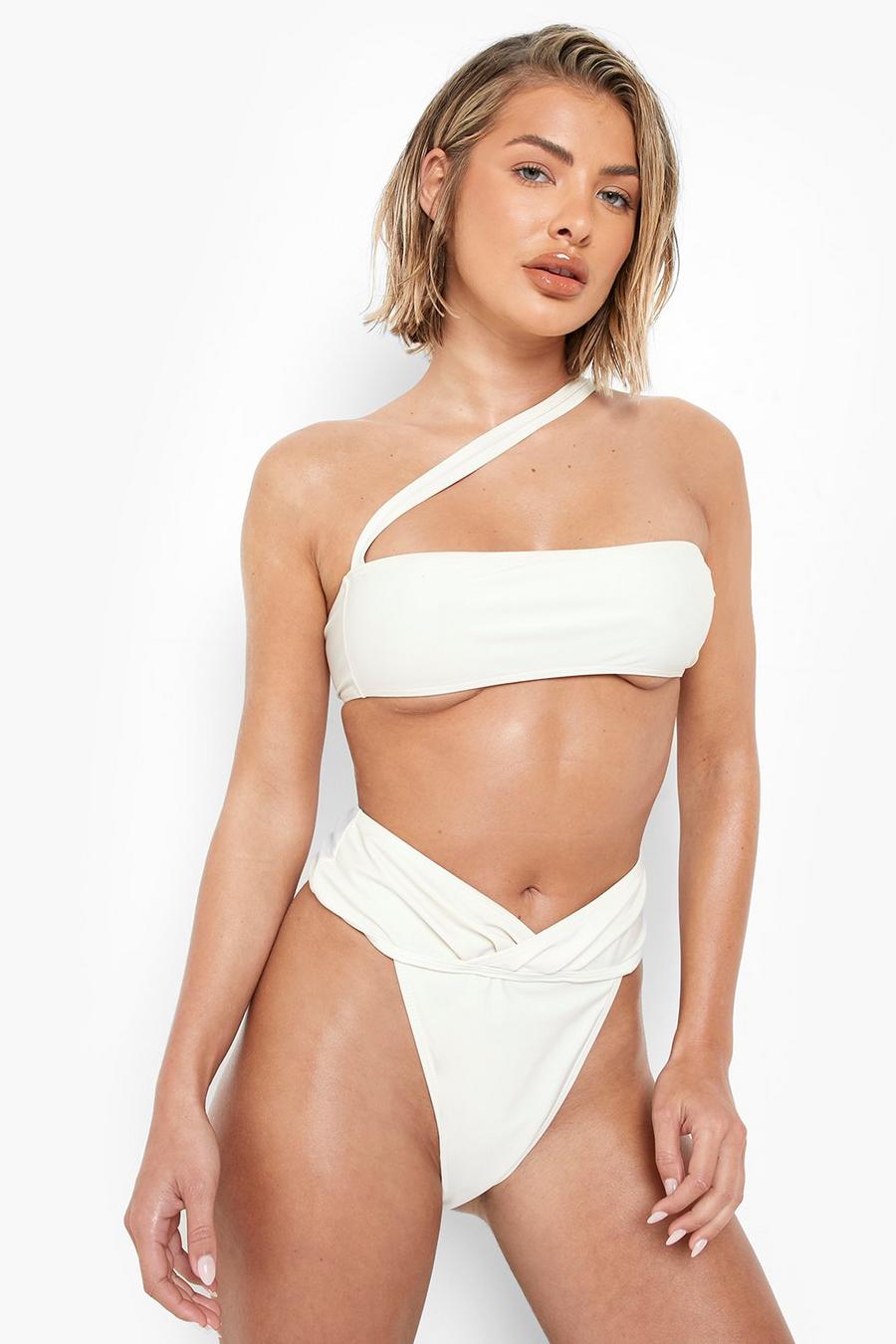 Top bikini a fascia in fibre riciclate con laccetti, Off white blanco