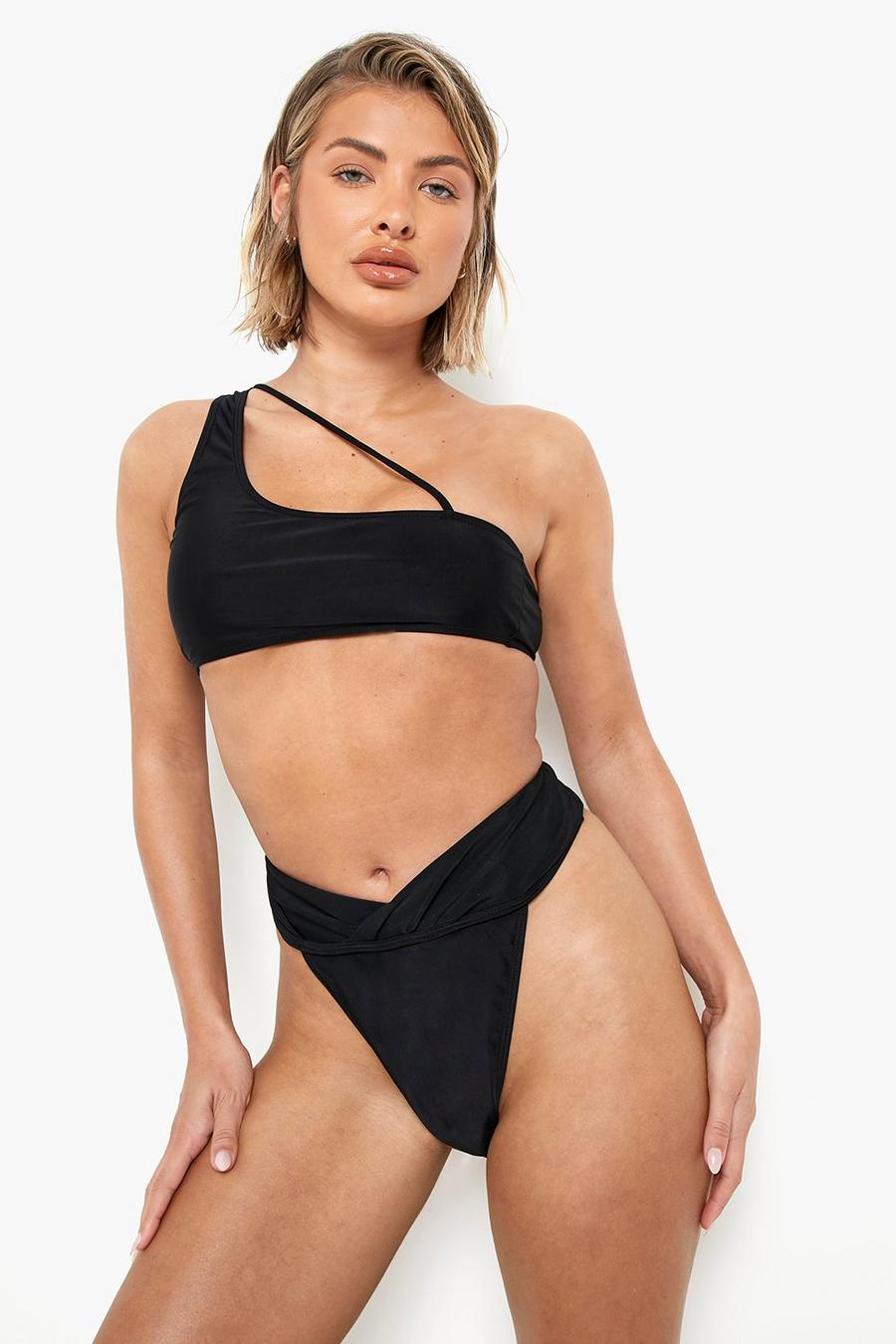 Black Asymmetric Bikini Crop Top image number 1