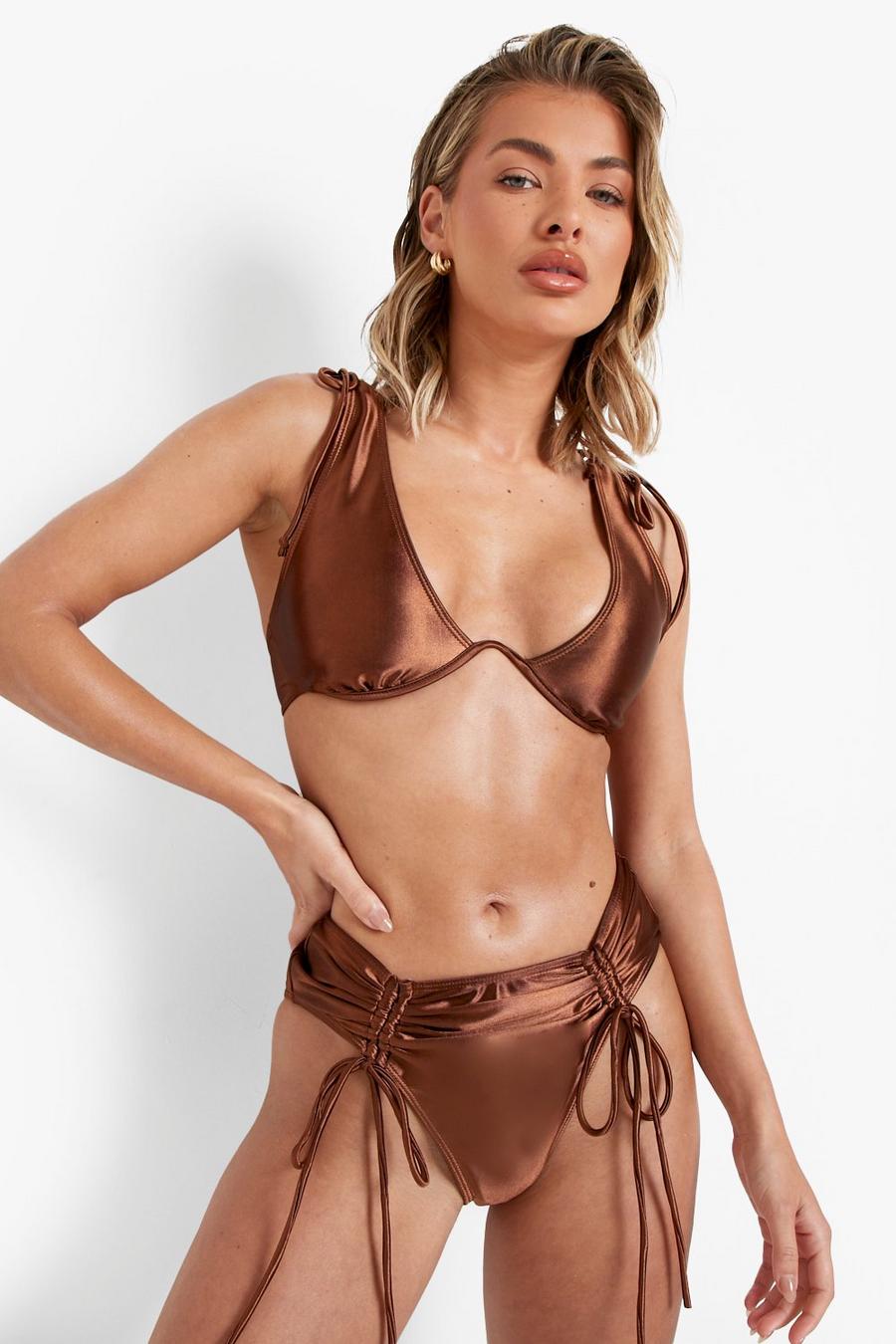 Chocolate brown Satin Ruched Brazillian Bikini Brief image number 1
