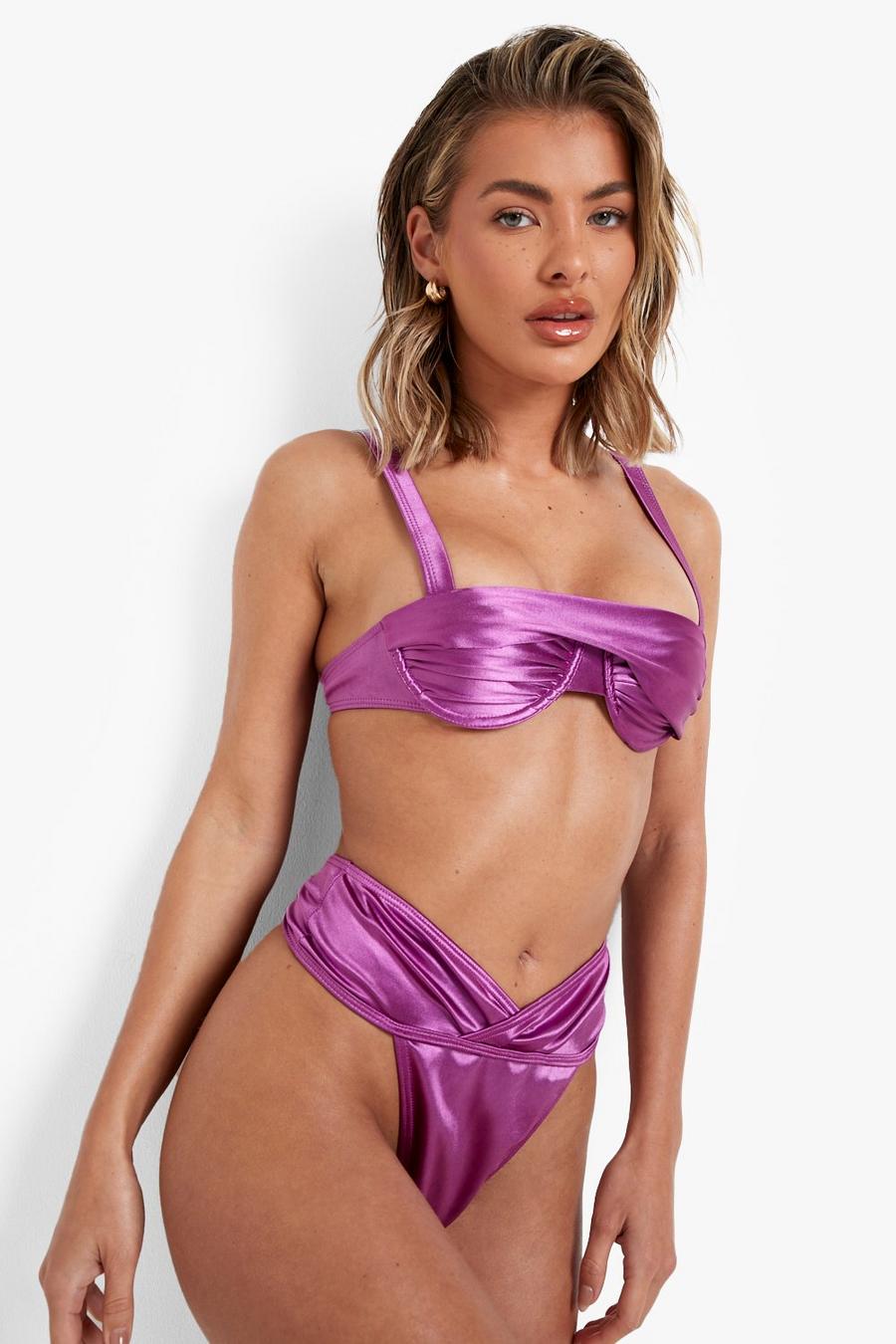 Purple Satin Twist Detail Underwired Bikini Top image number 1