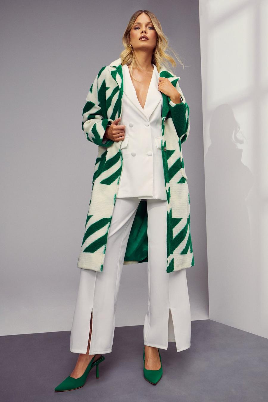Manteau long effet laine à motif pied-de-poule, Green vert image number 1