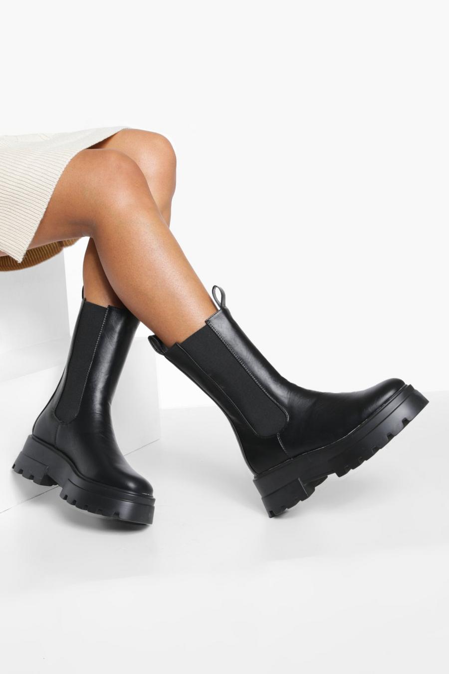 Black Wide Fit Cleated Sole Calf High Chelsea Boots