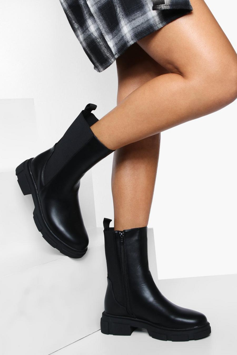 Black Calf High Cleated Sole Chelsea Boots image number 1