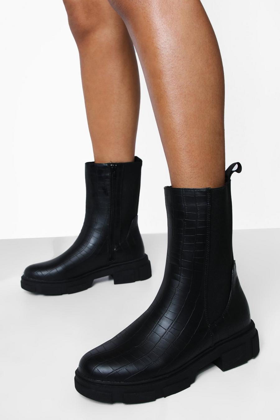 Black Calf High Croc Cleated Sole Chelsea Boots image number 1