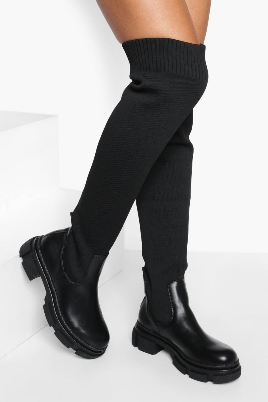 Black Knitted Stretch Chunky Over The Knee Boot image number 1