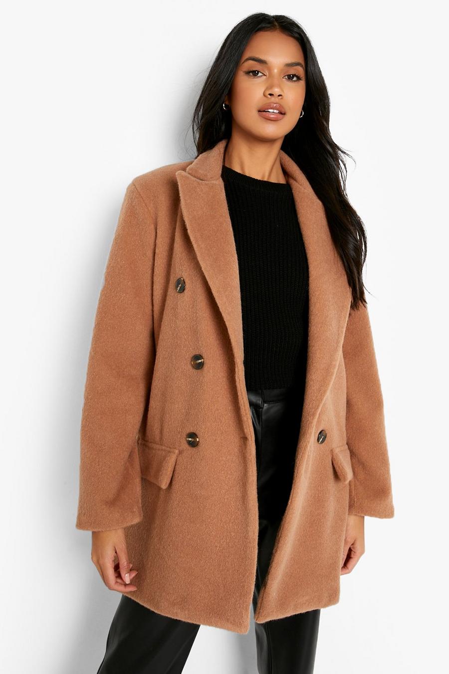 Camel beige Soft Brushed Wool Look Double Breasted Coat